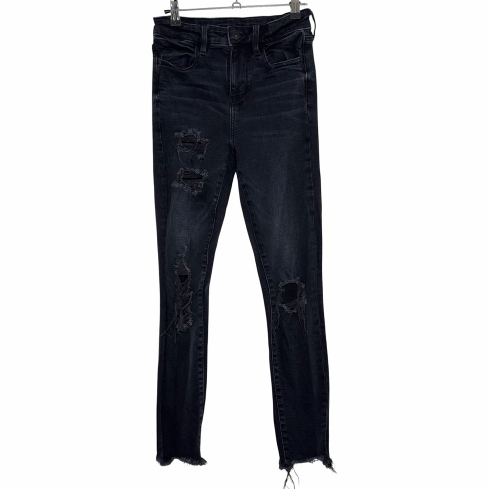 American Eagle Hi Rise Jeggings Black‎ Distressed Raw Hem Pockets Grunge Emo 4